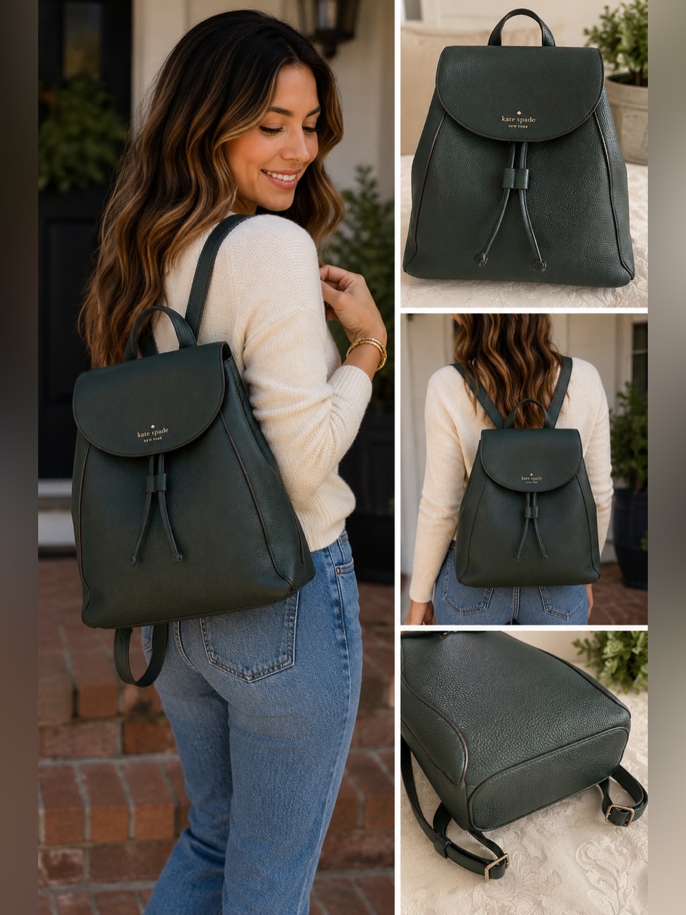 Kate Spade New York Leila Large Flap Pebbled Leather Backpack Forest Green